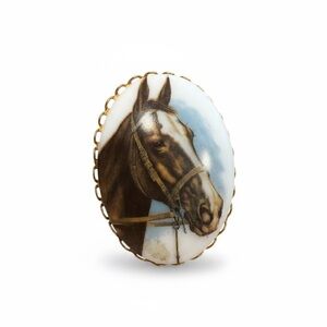 🐴 Vintage Horse Portrait Bolo Pendant Brooch | Gold-Tone Porcelain Cabochon